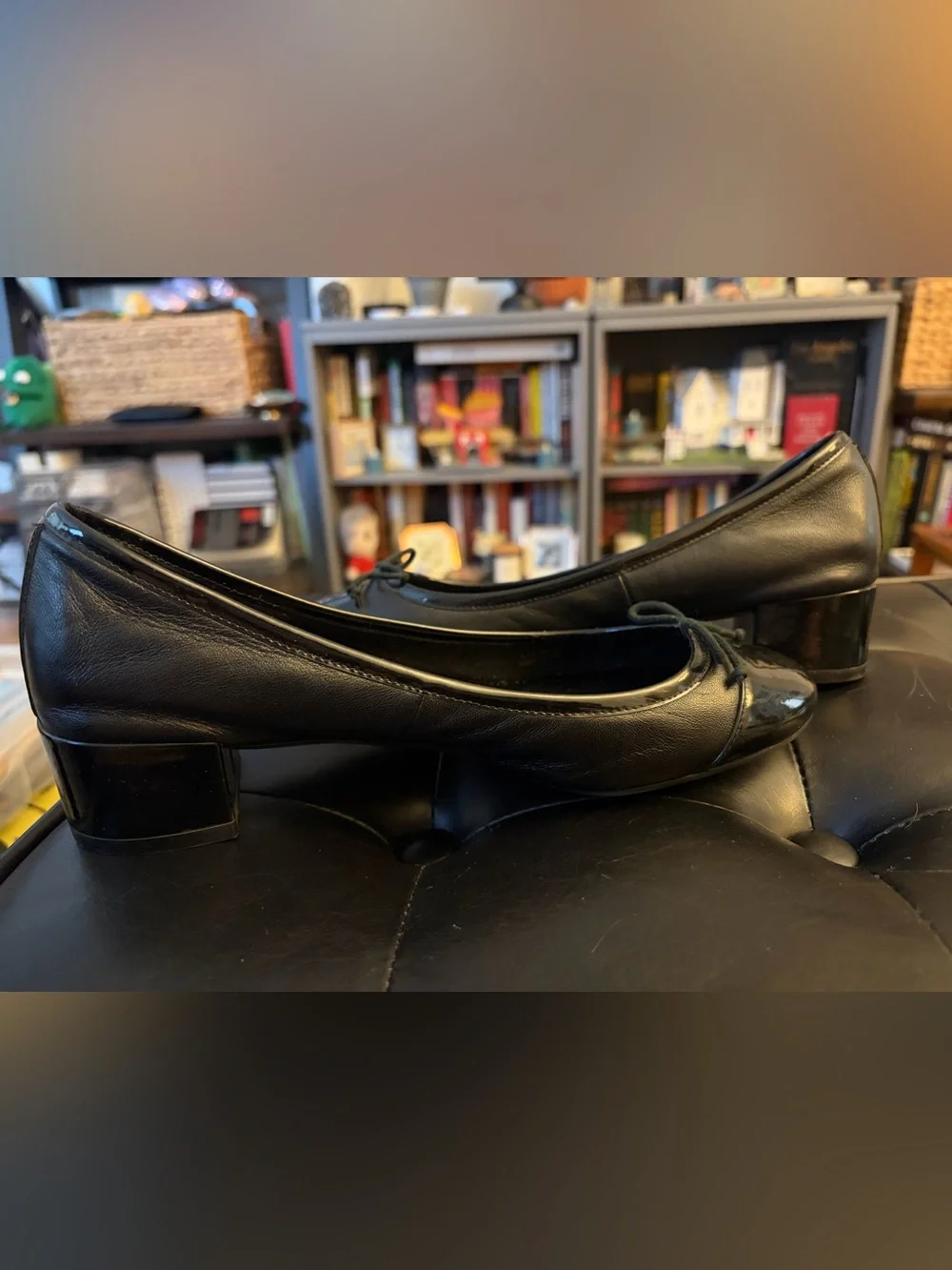 Cole Haan Black Leather Ballet Flats with Patent Toe and Bow